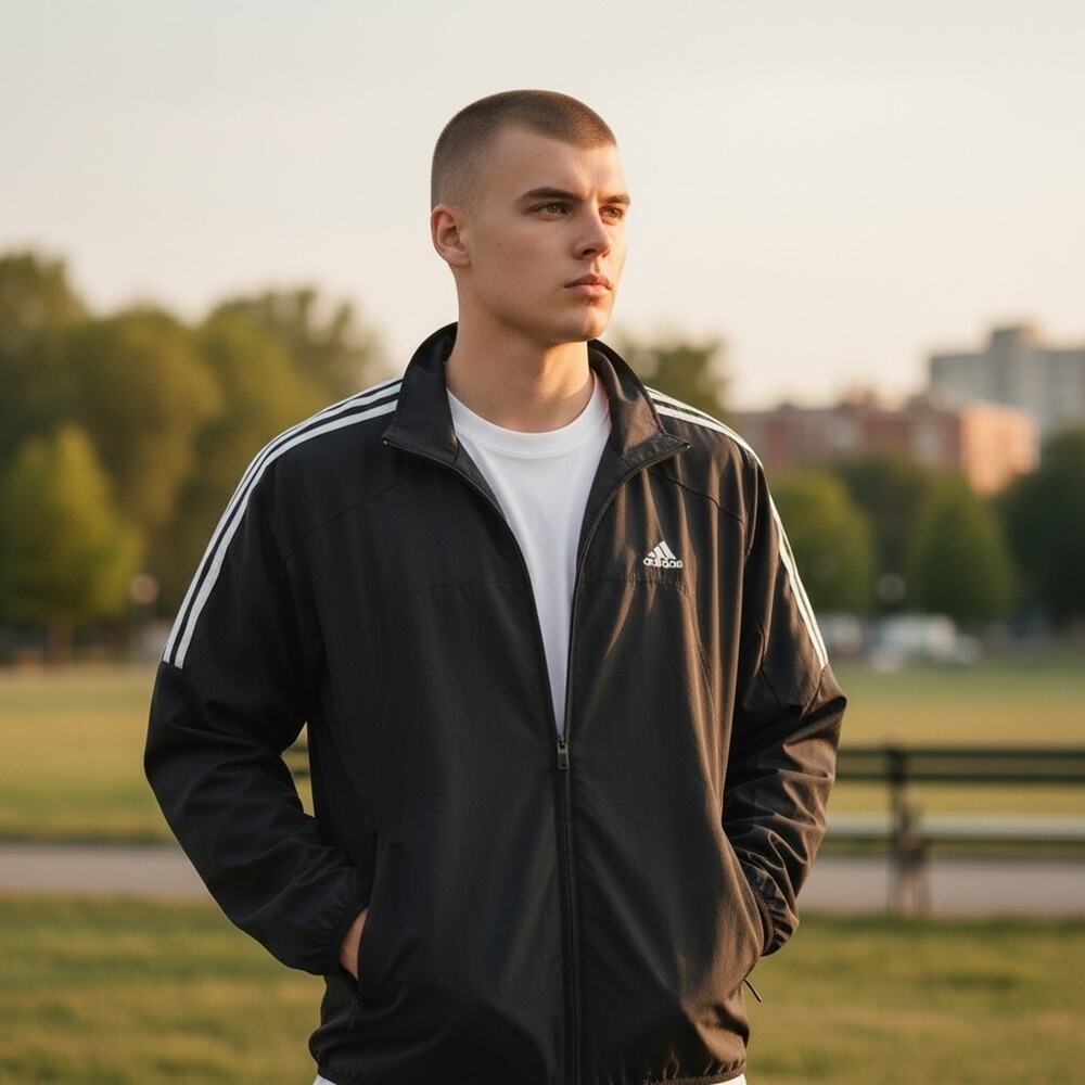 ADIDAS Men’s Medium Black White Striped Warmup Windbreaker Jacket
